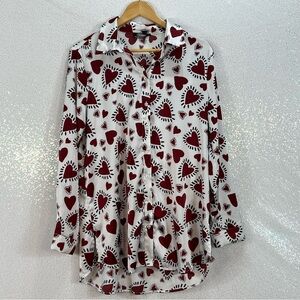 Lulumari Silky Button up Blouse with red hearts /graphic Valentines